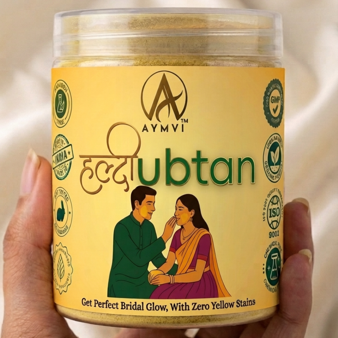 Aymvi Haldi Ubtan is a traditional Indian skincare formulation crafted to give you a radiant, bridal-worthy glow. Rooted in age-old Ayurvedic wisdom, this ubtan blends the goodness of turmeric (haldi) with other time-tested natural ingredients to brighten, nourish, and revitalise your skin. Specially formulated to deliver a luminous complexion without leaving behind any yellow tint, it is perfect for brides-to-be and anyone seeking a natural, healthy glow. The powder-based formula can be mixed with water, milk, or rose water to create a smooth paste that gently exfoliates, removes tan, and evens out skin tone. Regular use helps reduce dullness and leaves the skin feeling soft and supple. Suitable for all skin types, this ubtan draws on the richness of traditional Indian beauty rituals to help you look and feel your best for every special occasion. Perform a patch test before use.