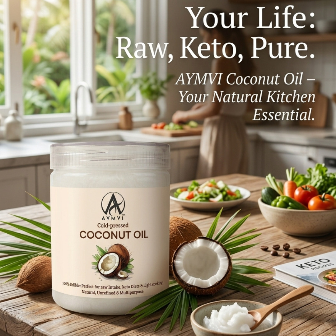AYMVI Cold-Pressed Coconut Oil | 100% Pure, Unrefined, Edible & Multipurpose Oil for Hair, Skin, Keto Diets & Light Cooking