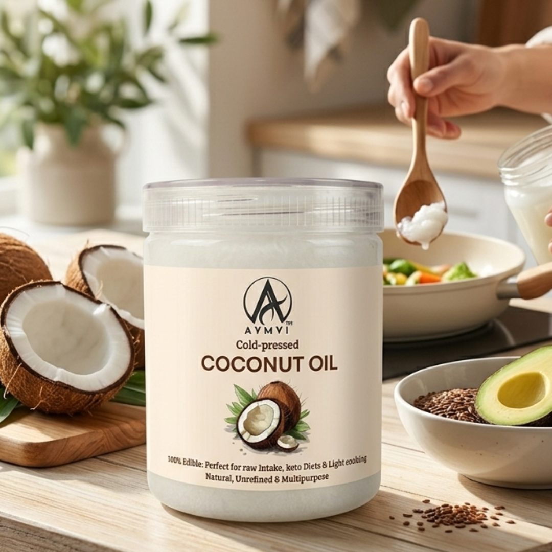 AYMVI Cold-Pressed Coconut Oil | 100% Pure, Unrefined, Edible & Multipurpose Oil for Hair, Skin, Keto Diets & Light Cooking