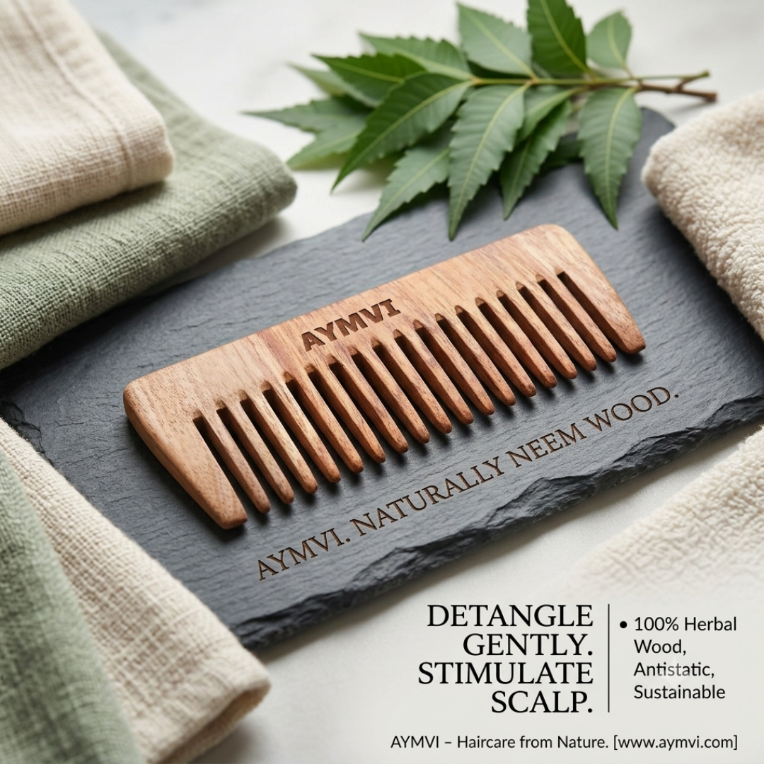 Discover the purest path to hair health with the AYMVI Neem Wood Comb. Crafted from 100% herbal neem wood, this sustainable, antistatic comb detangles gently while stimulating your scalp to naturally support hair growth.