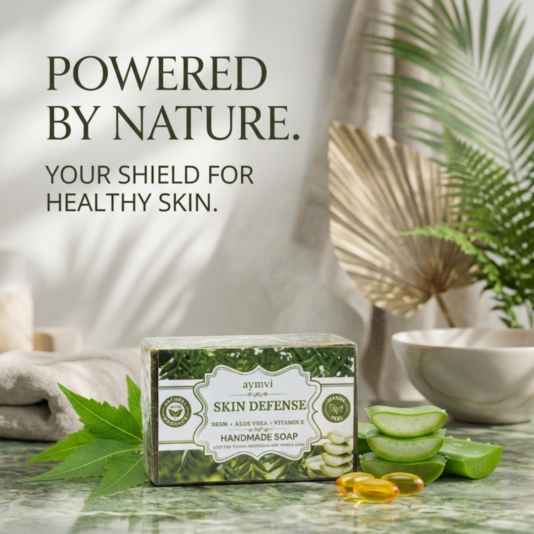 Embrace your natural shield with aymvi Skin Defense Handmade Soap. Expertly crafted with a potent blend of soothing Neem, hydrating Aloe Vera, and pure Vitamin E, this 100% natural bar delivers deep cleansing and lasting protection for healthy, vibrant skin.