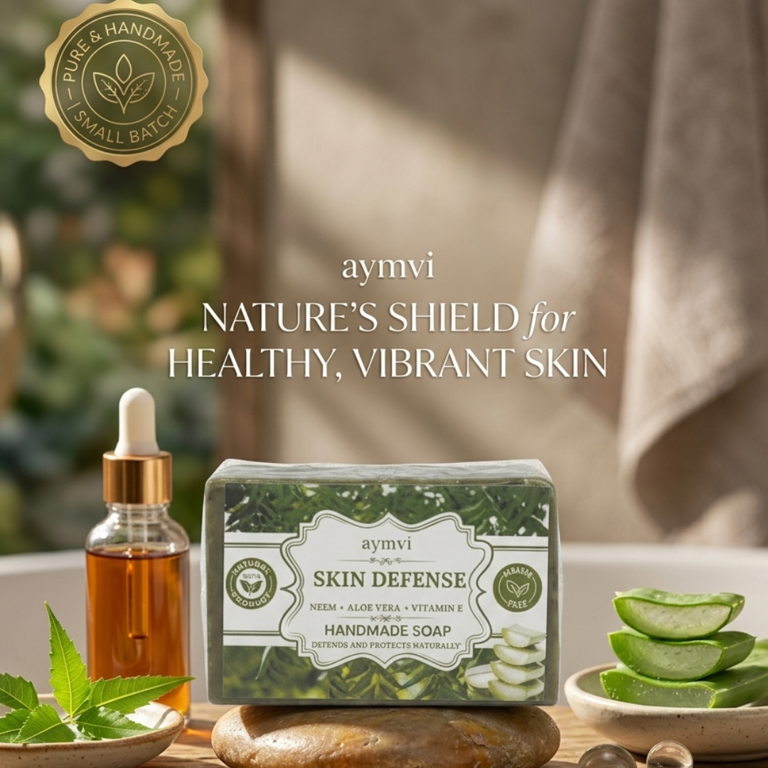 Embrace your natural shield with aymvi Skin Defense Handmade Soap. Expertly crafted with a potent blend of soothing Neem, hydrating Aloe Vera, and pure Vitamin E, this 100% natural bar delivers deep cleansing and lasting protection for healthy, vibrant skin.